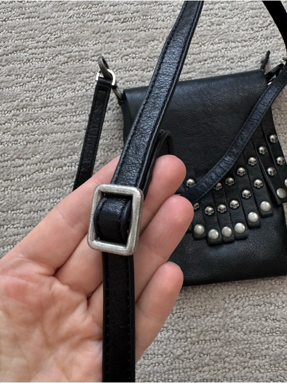 Harley-Davidson Black Leather Skull Fringe Crossbody 5x7” Bag Biker Gothic Rock
